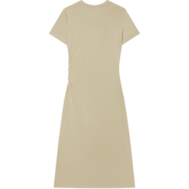 Fila Original Solid Color Fashion Casual Simple Breathable Split Slim Round Neck Pullover Short Sleeve Dress Women Dresses Light-Khaki F51W429302F-LK