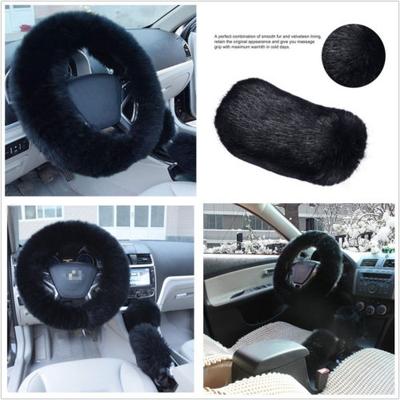 Long Plush Fluffy Natural Wool Car Steering Wheel Hand Brake Gear Knob Cover