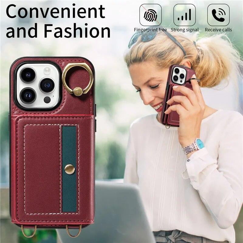 Ring Lanyard Leder Brieftasche Fall für iPhone 15 Pro Max 14 Plus 13 Pro 12 Samsung Galaxy S24 Ultra S23 S22 21 FE A25 A15 A54 A34 A14 Flip Telefon Abdeckung