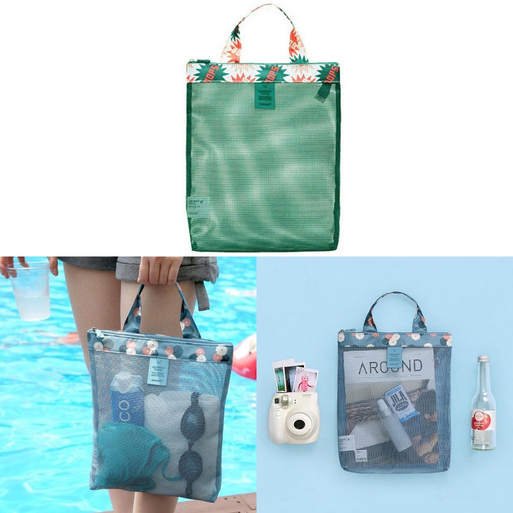 Zomerse strandtas met mesh opbergruimte, reistas van Oxford-stof, multifunctioneel, modern, minimalistisch, blauw met bloemenprint