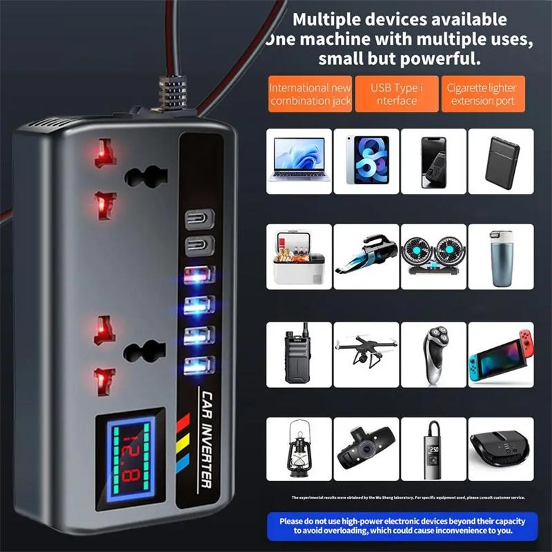 DC 12V/24V To AC 220V 200W Car Inverter PD+QC3.0 Dual Type C+4 USB Ports Phone Charger Cigarette Lighter Power Adapter 9 In 1