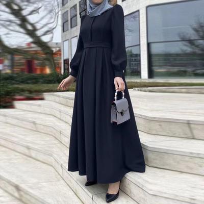 Women Vintage Dubai Abaya Turkey Sundress Solid Muslim Islamic Clothing Long Sleeve Maxi Long Dress