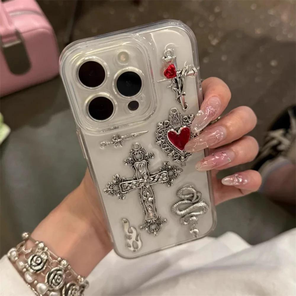 Luxury Bling Gothic Cross Love Heart Flame Snake Clear Phone Case For iPhone 17 16 15 13 12 11 Pro Max 14 Plus Epoxy Soft Cover
