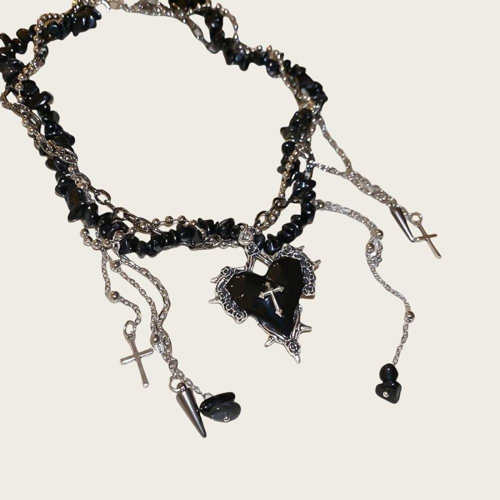 Gravel Bead Love Double Layer Choker Korean Y2K Style Metal Clavicle Chain  Cosplay