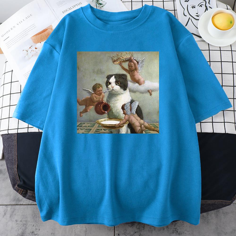 Scottish Fold Angel Crown Print Cotton Men Clothing Personality Casual Crewneck T-Shirts All-math Loose Mans Cotton Short Sleeve