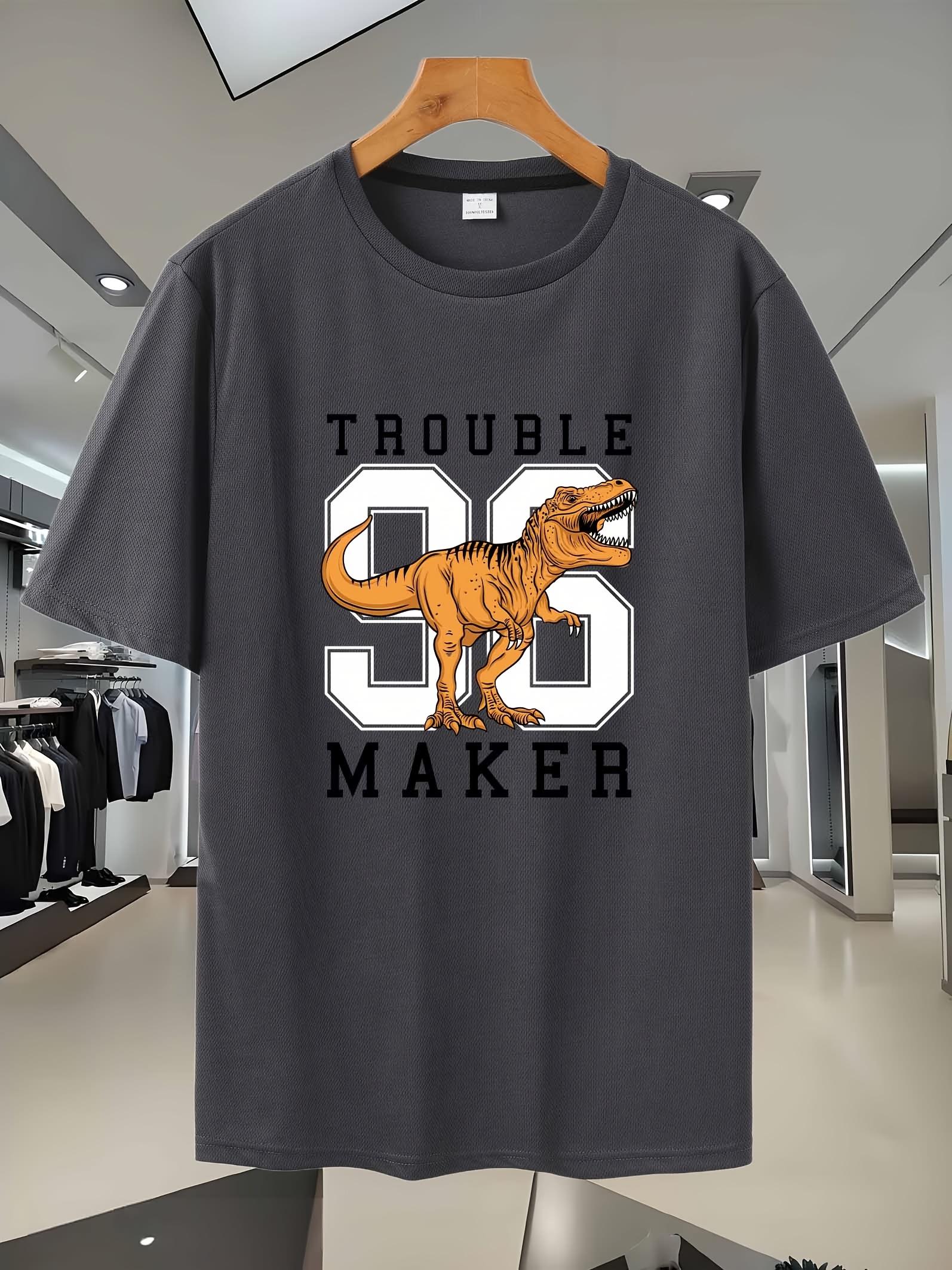 Black Graphic T-shirt - Breathable Mesh Sporty Tee with  TROUBLE 36 MAKER  Dinosaur Print S