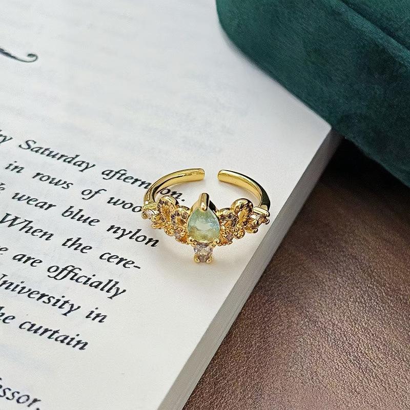Medieval Vintage French Color Zircon Crown Micro-Inlaid Opening Ring Light Luxury Simple Color Treasure Index Finger Ring Women