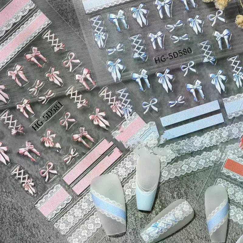 5D Ballet Bow Lace Embossing Self Adhesive Nail Art Stickers Shiny Charming Manicure Decals Nail Supplies