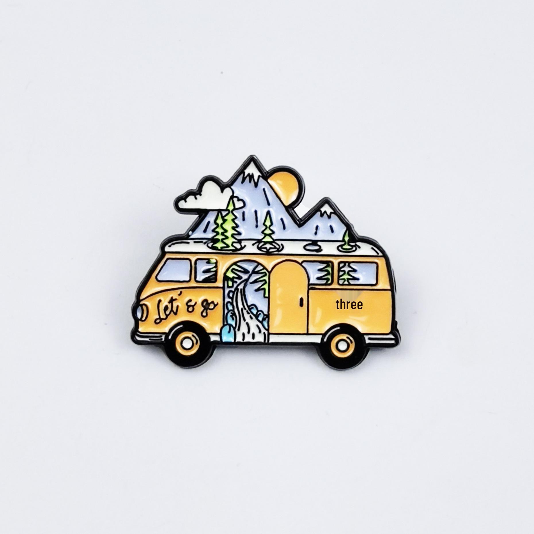 Moon Car Travel Brooch with Mountain & River Scenery - Metal Backpack Badge