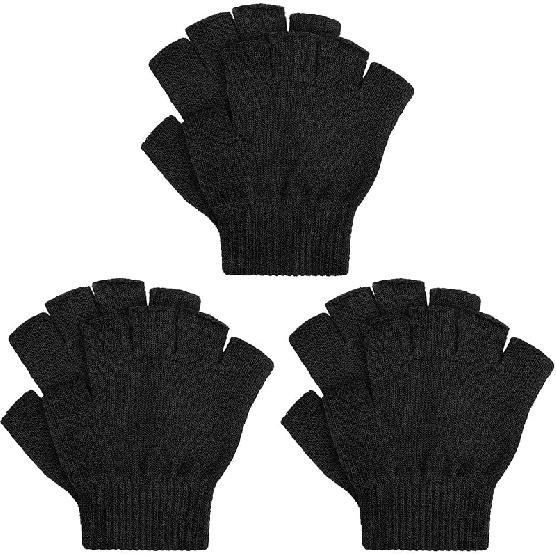 Cooraby 3 Pairs Unisex Kids Fingerless Winter Gloves Stretchy Knitted Half Finger Mittens Typing Gloves 6-11 Years чёрный