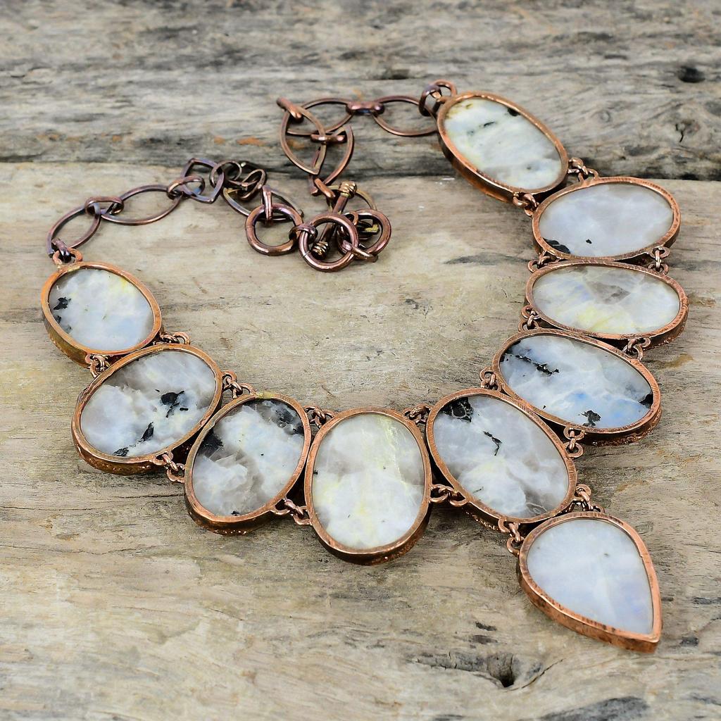 Rainbow Moonstone Necklace Electroformed Copper Necklace Adjustable Chain Necklace Dainty Gemstone Necklace Handmade Copper Jewelry For Gift