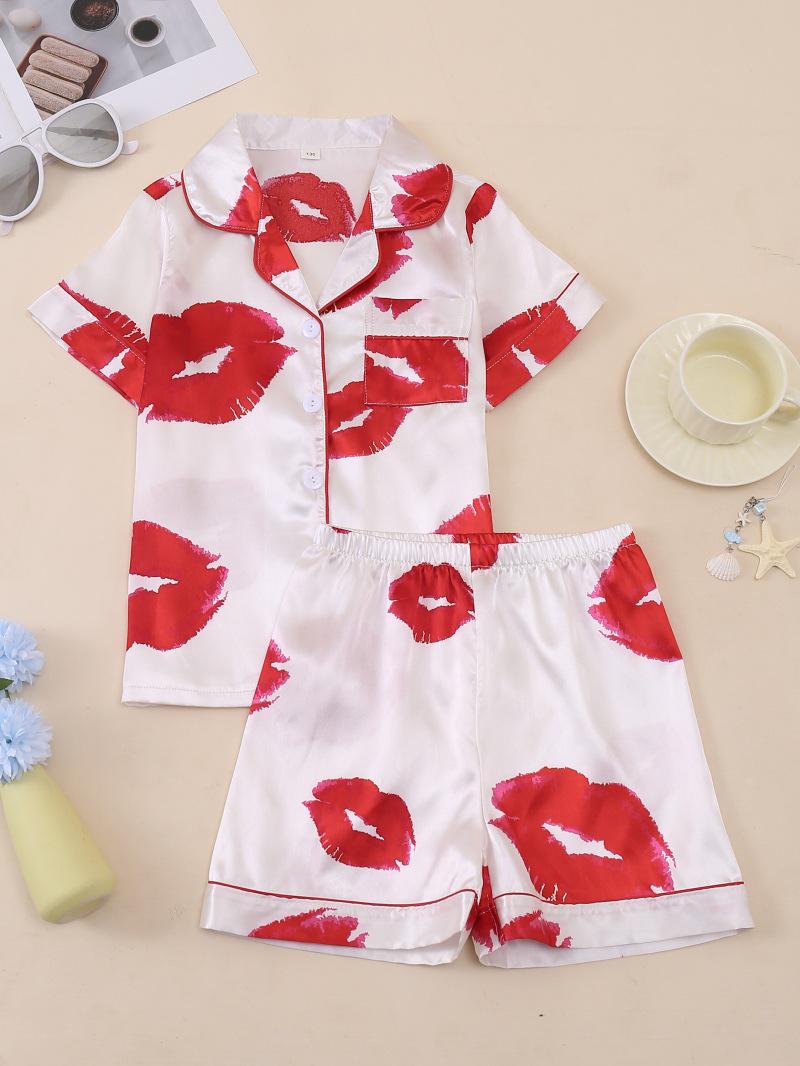 European & American Short-Sleeved Cartoon Satin Girls Pajama Set 120