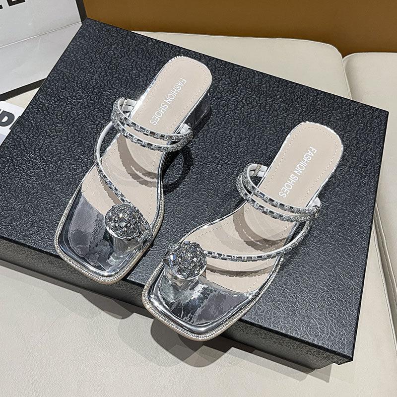 Two sandals for women to wear 2025 new summer fashion rhinestone toe fairy wind thick high heel crystal cool slippers