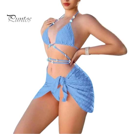 

3 шт./компл., сексуальный женский комплект бикини, жаккардовый однотонный бюстгальтер с лямкой на шее, стринги на шнуровке, комплект с юбкой, крест-накрест, купальники, женский купальный костюм M синий