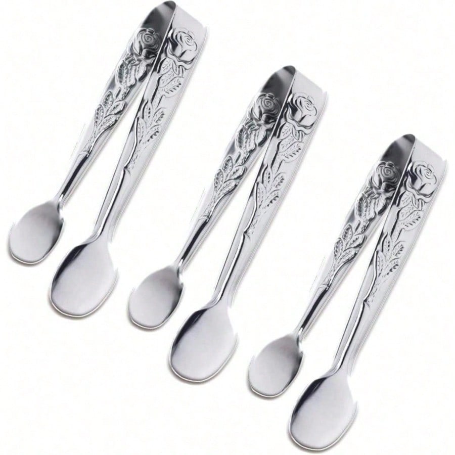 6PCS Mini Serving Tongs, 4Inch Rose Stainless Steel Sugar Cube Tongs, Sliver Small Ice Tong For Tea And Coffee Party