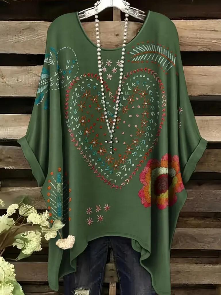 Elegantes Bohemian Chic Übergroßes Einfaches Retro Liebesdruck Druck Damen T-Shirt Asymmetrischer Saum Rundhalsausschnitt Vielseitige Damenbekleidung