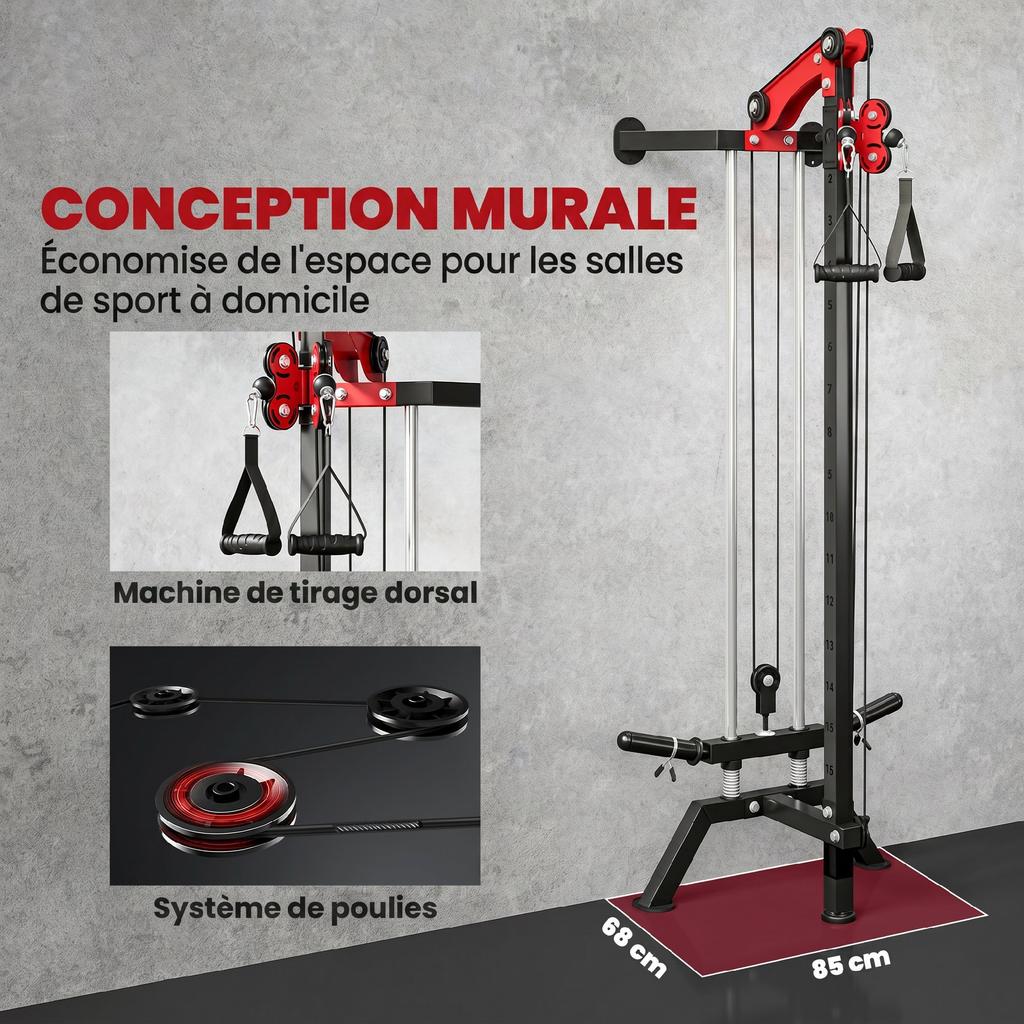 Katrol Gewichtstrainingsstation Kabelmachine LAT Wandmontage Aanpasbare Gewichtslast 85x68x210cm Zwart