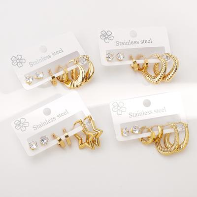 New Gold Plated Stainless Steel Earrings Multi Design Shiny Zircon Geometric Stud Earrings Set For Women Fashion Jewelry Gift