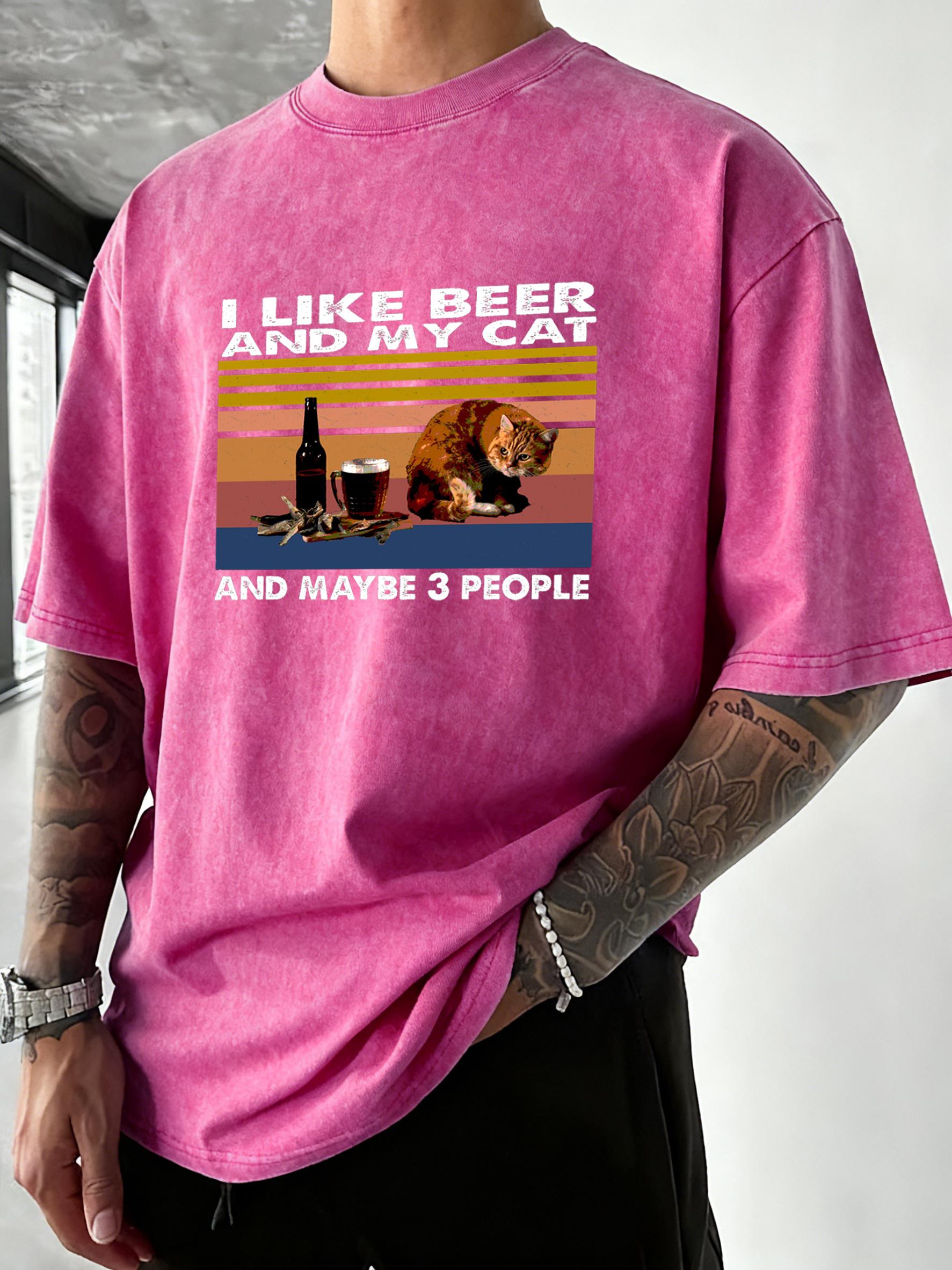 

I Like Beer And My Cat Print Washed T Shirt Men Cotton Running TShirt Street Soft Short Sleeves Crewneck Loose Man Clothes S