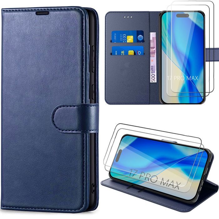 Coque pour iPhone 17 Pro Max - BOOLING - Protection Antichoc Effet Cuir Bleu Marine - 2 Verres Trempés