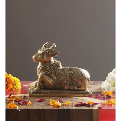 Lotos Grawerowany 5 cali Mosiężna Nandi Krowa Nad Podstawką Statuetka, Mosiężny Nandi Idol, Statuetka Nandi Do Domu/Świątyni, Standard, Opakowanie 1, Pan Shiva, Shiva