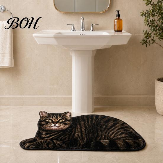 Tile And Wood Floor Mat Cute Cat Bathroom Rug, Anti-Slip Absorbent Bath Washable Plush Easy Care Kitty Door for Entrance Kitchen Home Decor Safety Rug