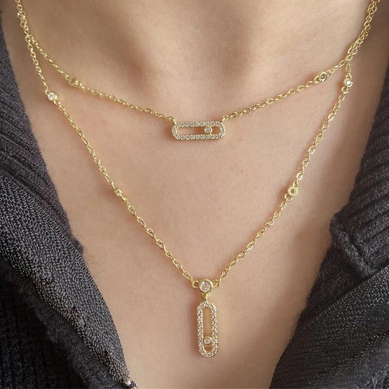 Luxury Copper-color AAA Zircon Choker Two-Layers Necklace Simple Shiny Pendants For Women Fine Zircon