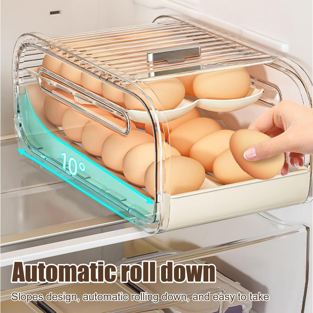 Egg Tray 2-Tier Sliding Lid Automatic Rolling Egg Holder Countertop Refrigerator Organizer for Freezer Pantry Cabinet Home