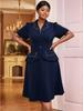 Elegant Women Dresses Turn-Down Collar High Waist A Line Short Sleeve Knee-Length Causal Office Gowns Plus Size