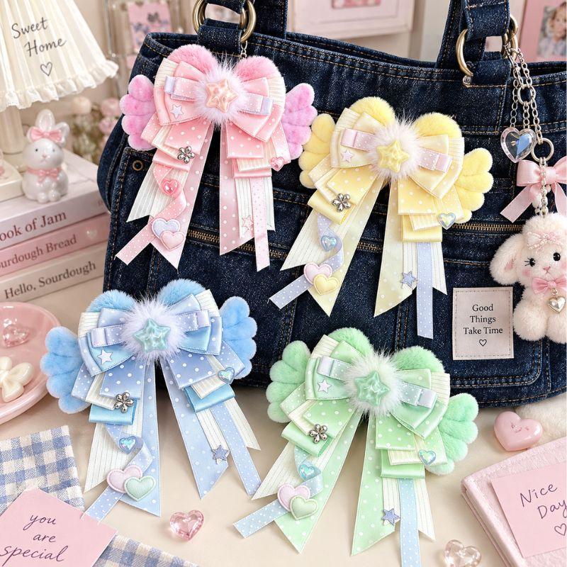 Cute Plush Heart Wings Bow Brooch Badge Handmade Pastel Ribbon Pin With Star Heart Charm Ita Bag Decor Light Sticks Accessories
