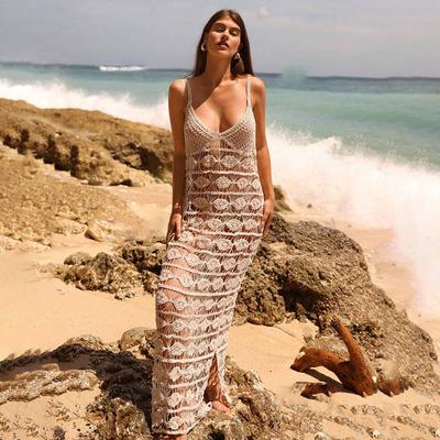 Summer See Through Women Tank Dress Embroidery Crochet Hollow Out Long Party Dresses Cover-up Bikini Sleeveless Solid Color Split Beach Dress