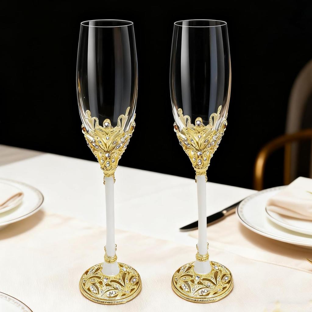 Gold Champagne Flutes 7oz - Wedding Toasting Glasses for Bride & Groom, Engagement & Bridal Shower Gifts