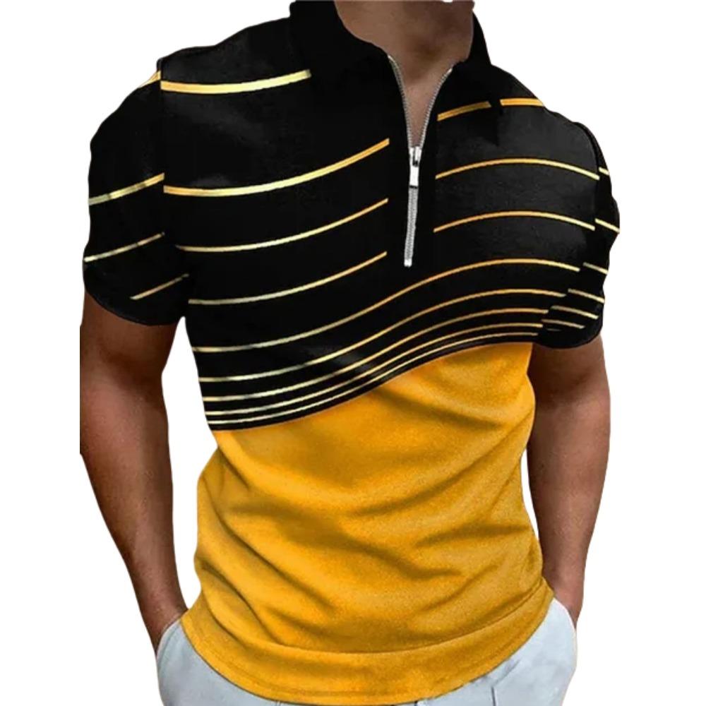 Men's T-shirt Summer Zipper Polo Shirt Stripe Pattern T-shirt Short Sleeve Collar Top Casual