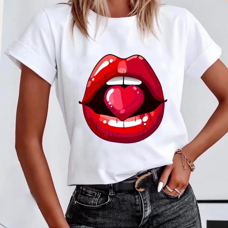 

(Азіатський розмір) Короткі рукави Lip Love Sexy Trend Мила мила жіноча футболка з принтом Літня модна футболка Жіноча базова футболка з графічним малюнком XXL
