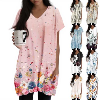 Womens Tops V-neck Short Sleeve Blouses Casual Mid-length Shirts Fashion Print Tunic Tops With Pockets