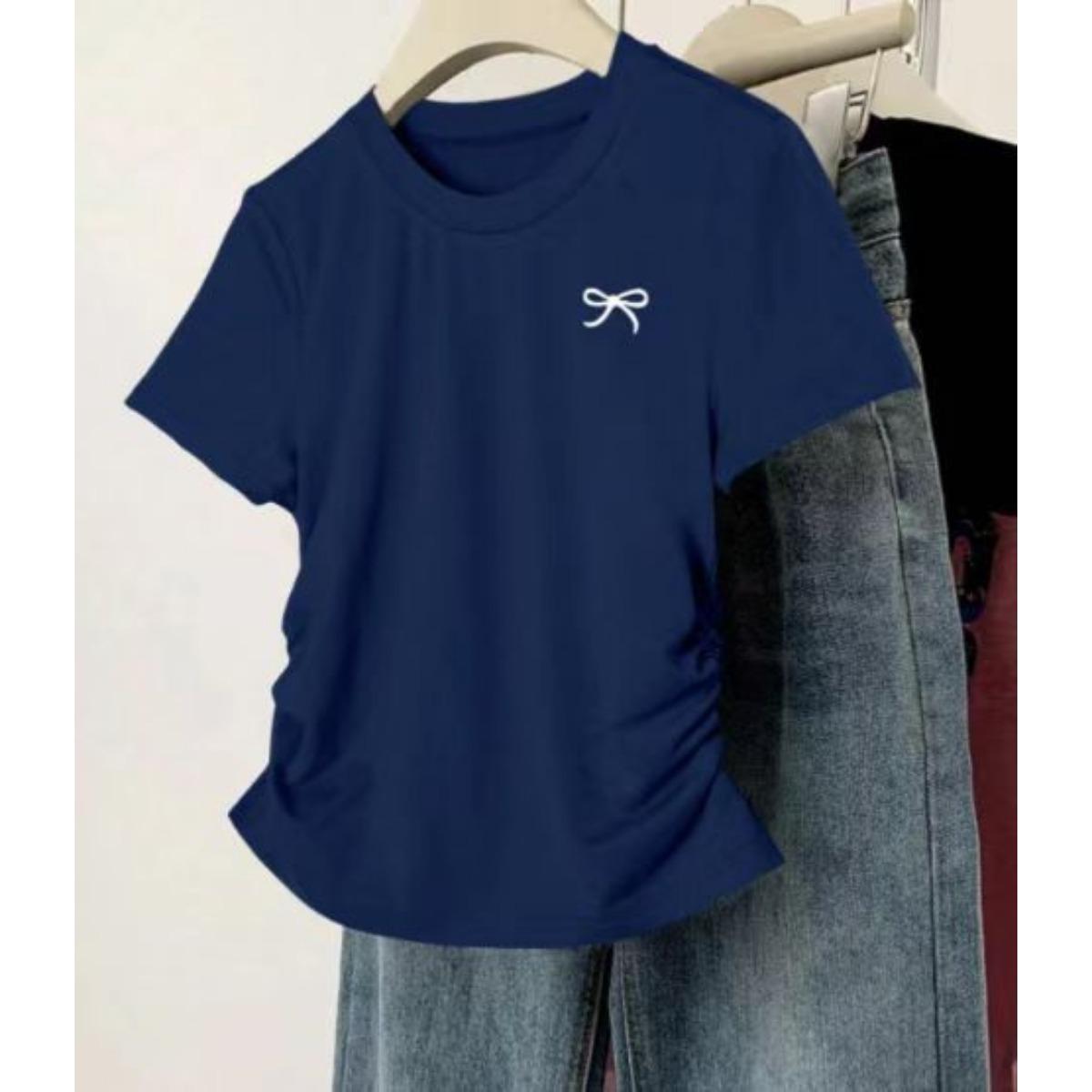 

Летняя новая футболка с короткими рукавами и открытыми плечами, универсальная корейская версия, облегающий топ больших размеров, слегка пышный, с утягивающим эффектом на талии и утягивающим эффектом M