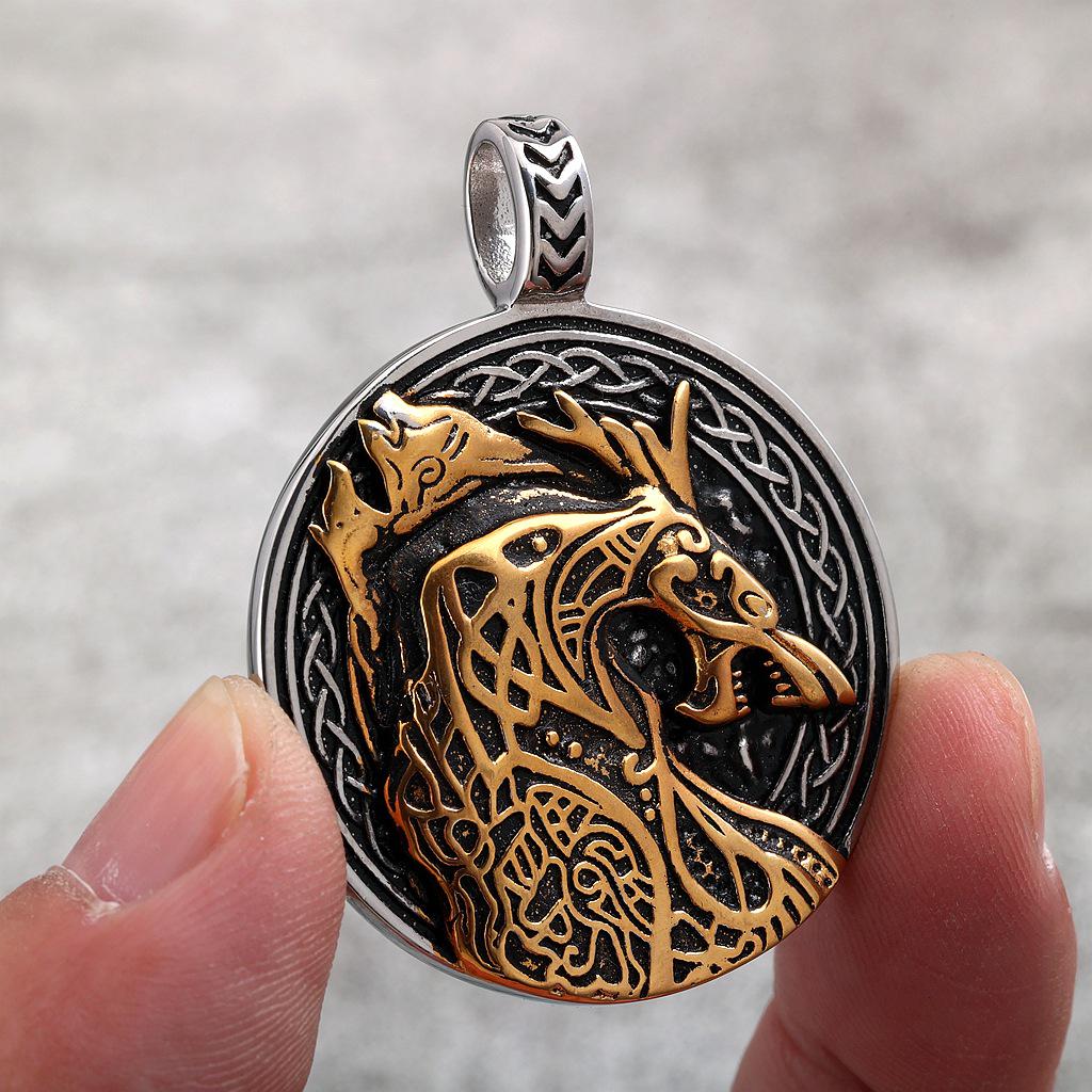 Men's Retro Stainless Steel Celtic Wolf Pendant Necklace