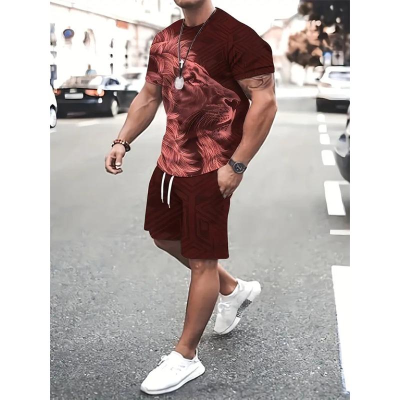 Sommer Herren Löwenmuster Kurzarm Rundhals Atmungsaktives T-Shirt Shorts Anzug Neuer Herren Temperament Streetwear Anzug