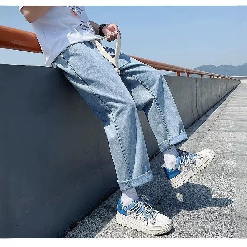 Elastic waist spring and autumn straight jeans men's thin loose nine-point wide-leg pants trendy brand high-waisted casual trousers retro