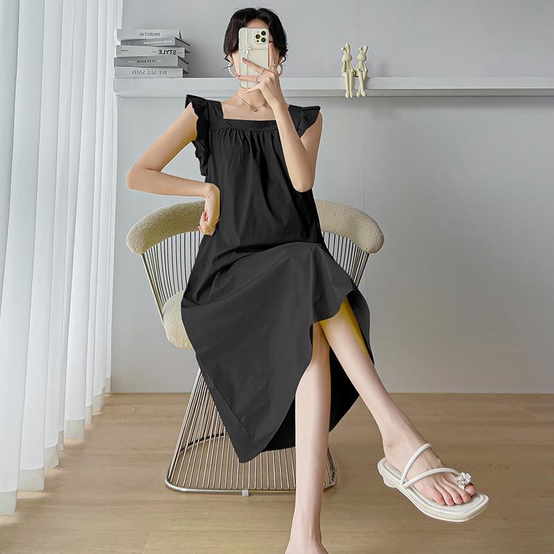

Women s new Korean version loose small fly sleeves over the knee medium and long dress small coffee break pink square neck dress 3XL чорний