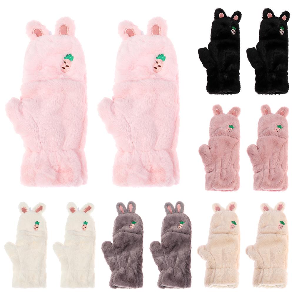 Winter Soft Cute Cat Warm Mittens Plush Thick Half finger Faux Rabbit Hair Gloves