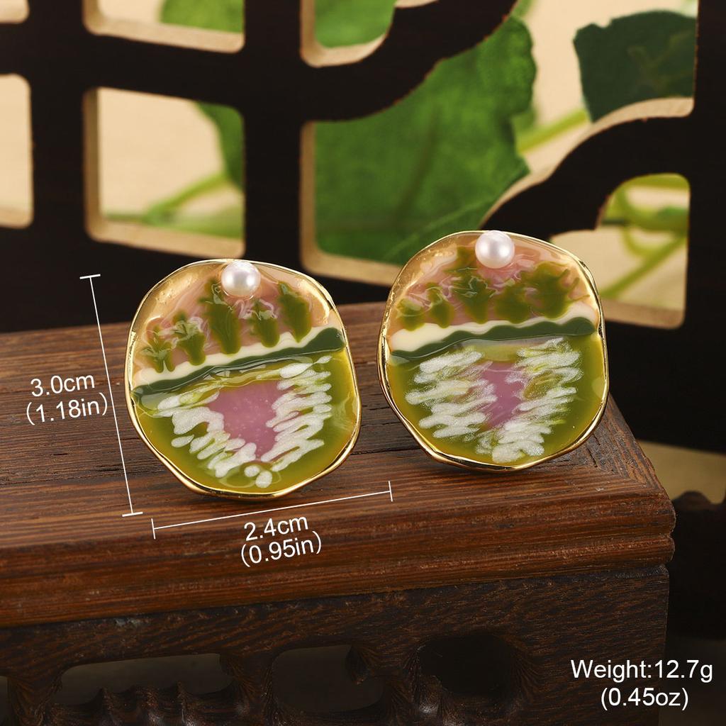 Natural Pearl Flower Oil Drop Earrings Oil Painting Series Enamel Geometric Butterfly Earrings Jewelry Niche Fashion Women