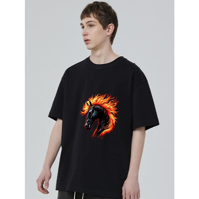 Black T-Shirt With Flame Horse Head Print For Casual Wear