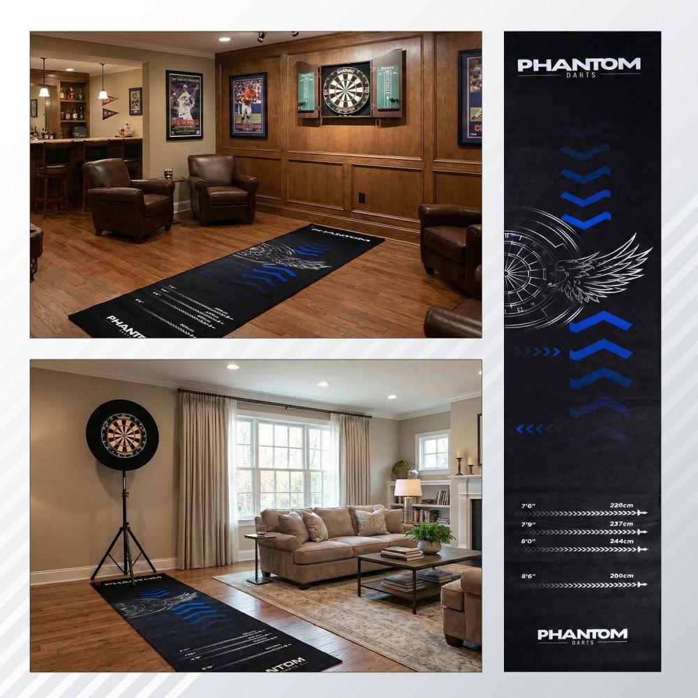 Black Phantom Darts Mat With Official Distance Markings Non-Slip Rug For Home Bar Game Room Decor