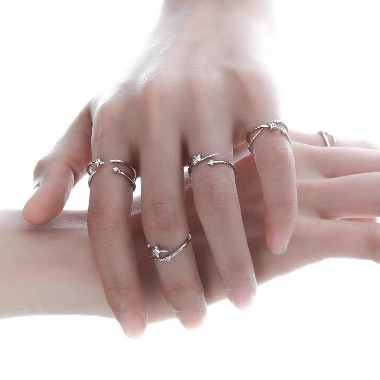 PONYKISS 925 Silver Zircon Star Line Cross Opening Rings for Women Cute Fine Jewelry Minimalist Personality Accessories