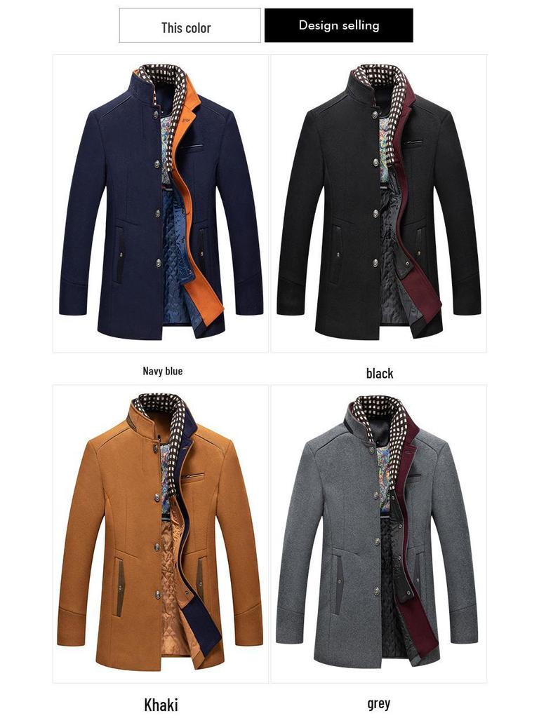 Men's European Size Wool Blend Business Overcoat with Scarf - Autumn/Winter Fashion, Wrinkle-Free Design, Cross-Border Style