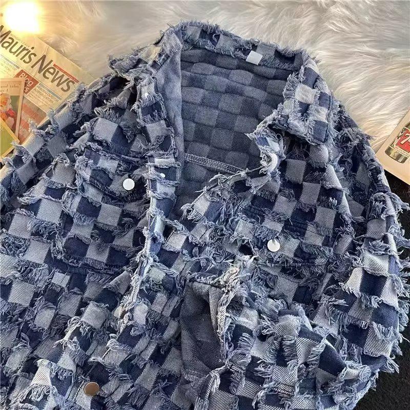 Unisex Checkered Denim Jacket, Retro Loose Fit for Spring & Autumn, Trendy American High Street Style