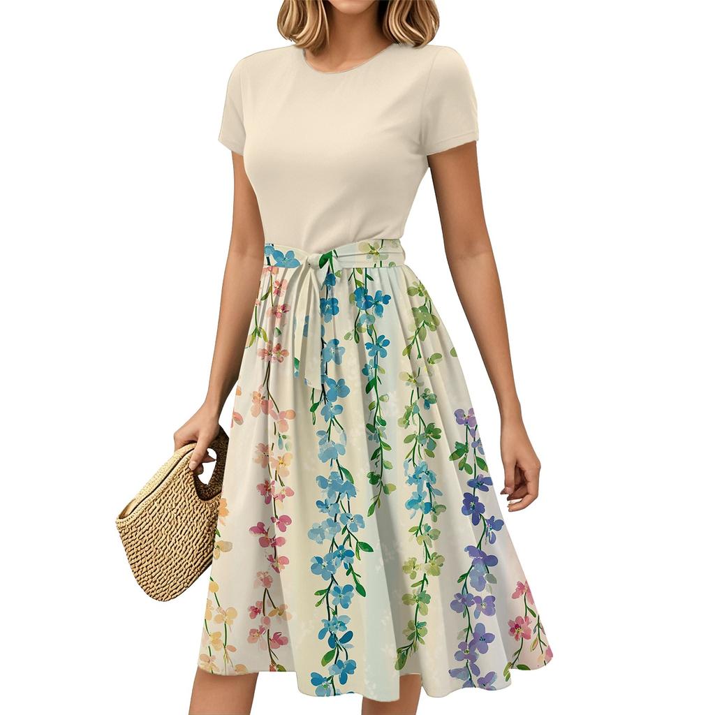Women's Fashion Casual Belt Short Sleeve Round Neck Geometric Printing Splicing Elegant Temperament Dresses
