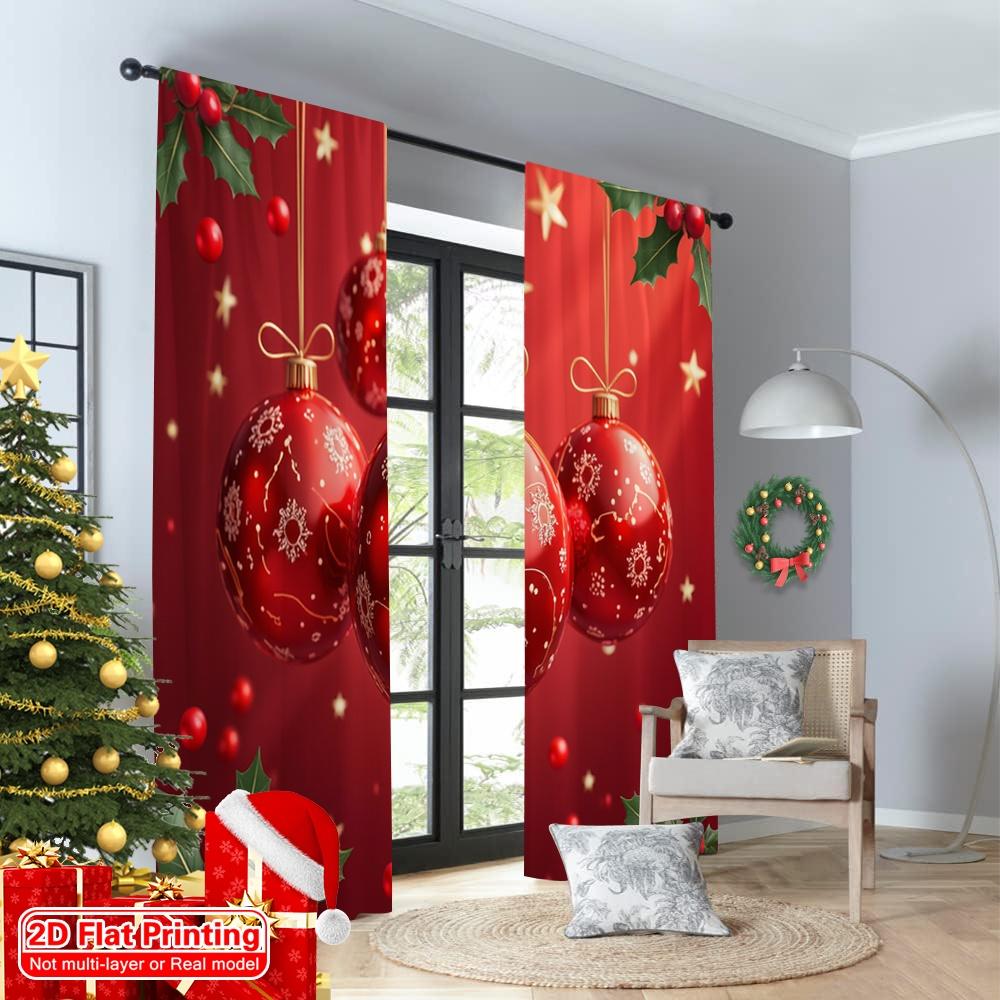 2pcs 2D flat printing Merry Christmas Curtains Red Christmas Ornaments Glittering Holly Polyester Without Electricity Spring
