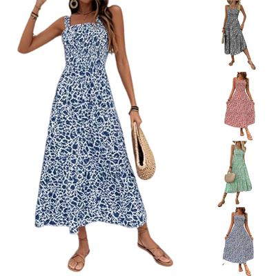 Summer Dresses For Women Boho Maxi Dress Square Neck Smocked A Line Flowy Beach Long Sundress